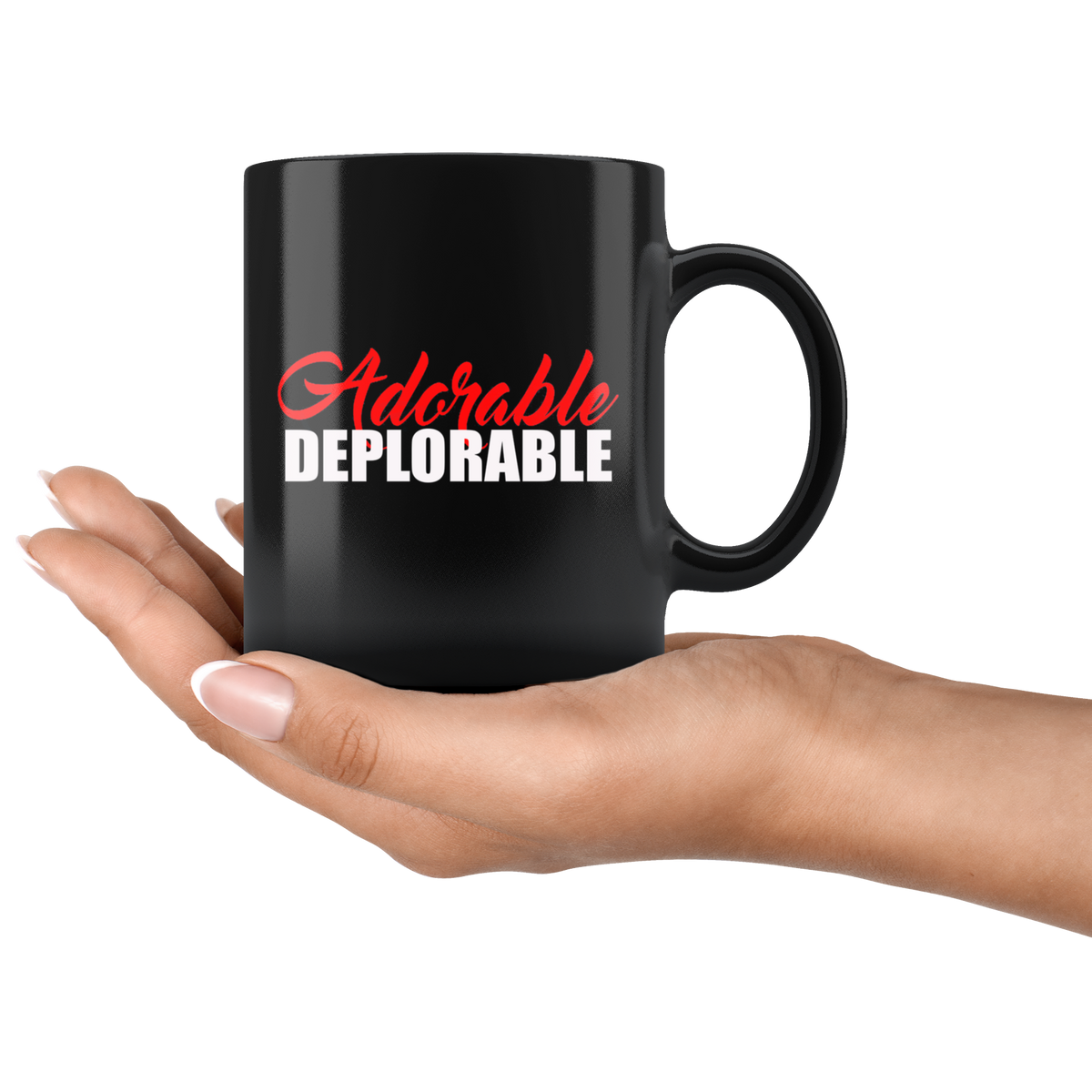 Hand holding Adorable Deplorable Coffee Cup, premium black ceramic mug with high gloss finish, perfect for hot & cold drinks.