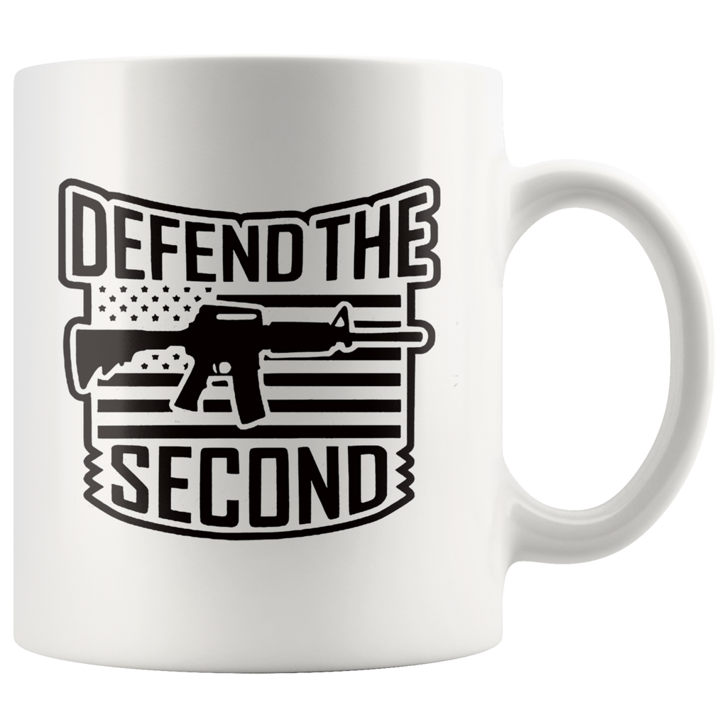 Defend the Second AR-15 Patriotic Graphic Design ceramic mug with American flag and rifle graphic.