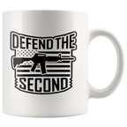Defend the Second AR-15 Patriotic Graphic Design ceramic mug with American flag and rifle graphic.
