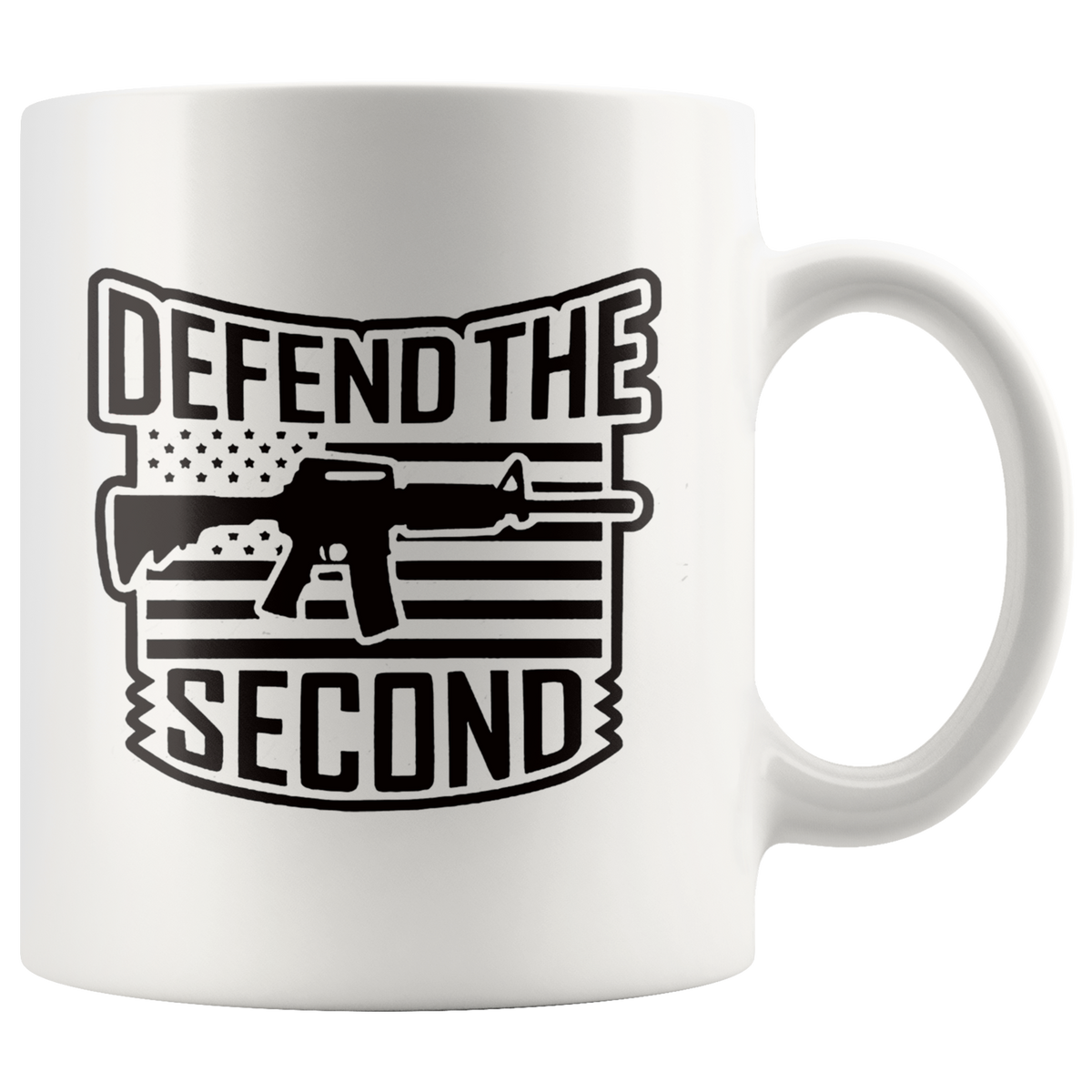 Defend the Second AR-15 Patriotic Graphic Design ceramic mug with American flag and rifle graphic.