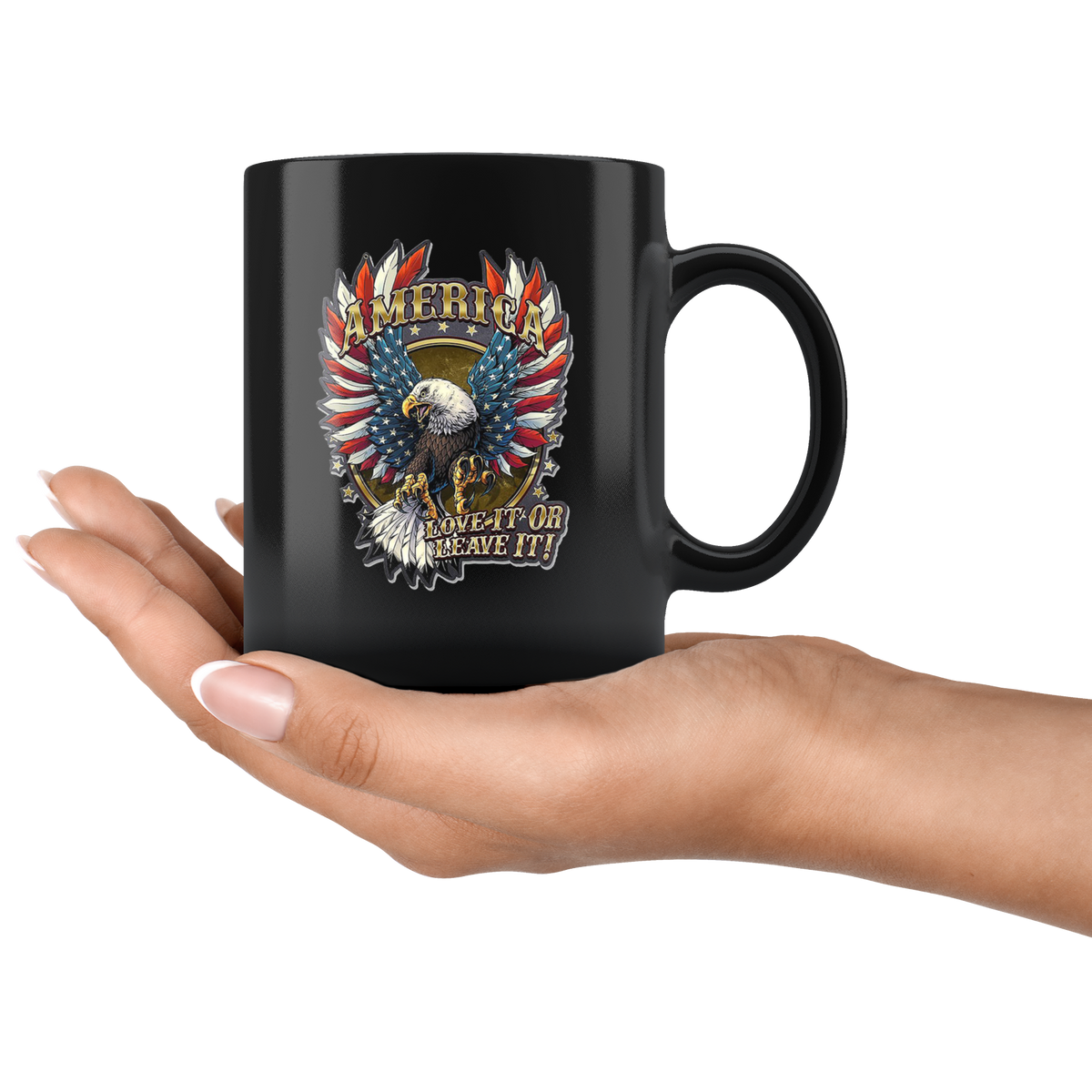 Black ceramic mug with America Love It Or Leave It Patriotic Design held in hand, featuring glossy finish, perfect for hot and cold drinks.