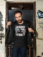 Man wearing t-shirt with Cartoon Pistols Funny Graphic Design in urban setting